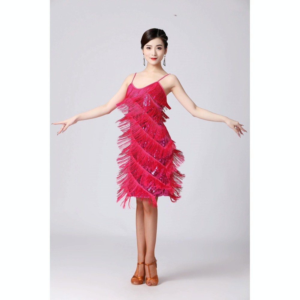 V-neck Suspender Sequined Fringed Latin Dance Dress Competition Performance Suit (Color:Rose Red Size:XXXL)