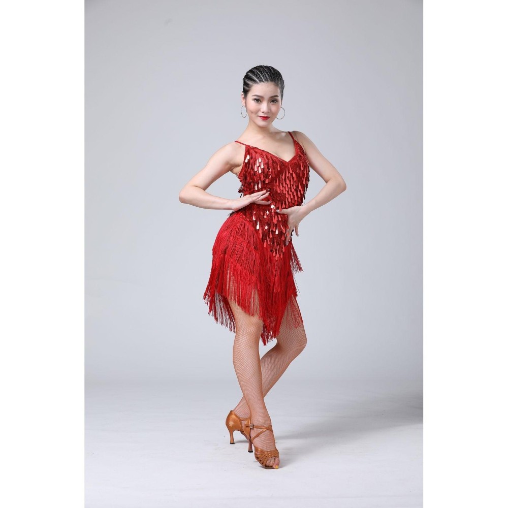 Waterdrop Fringed Sequins Suspenders Latin Dance Dress Competition Performance Suit (Color:Red Size:Free Size)