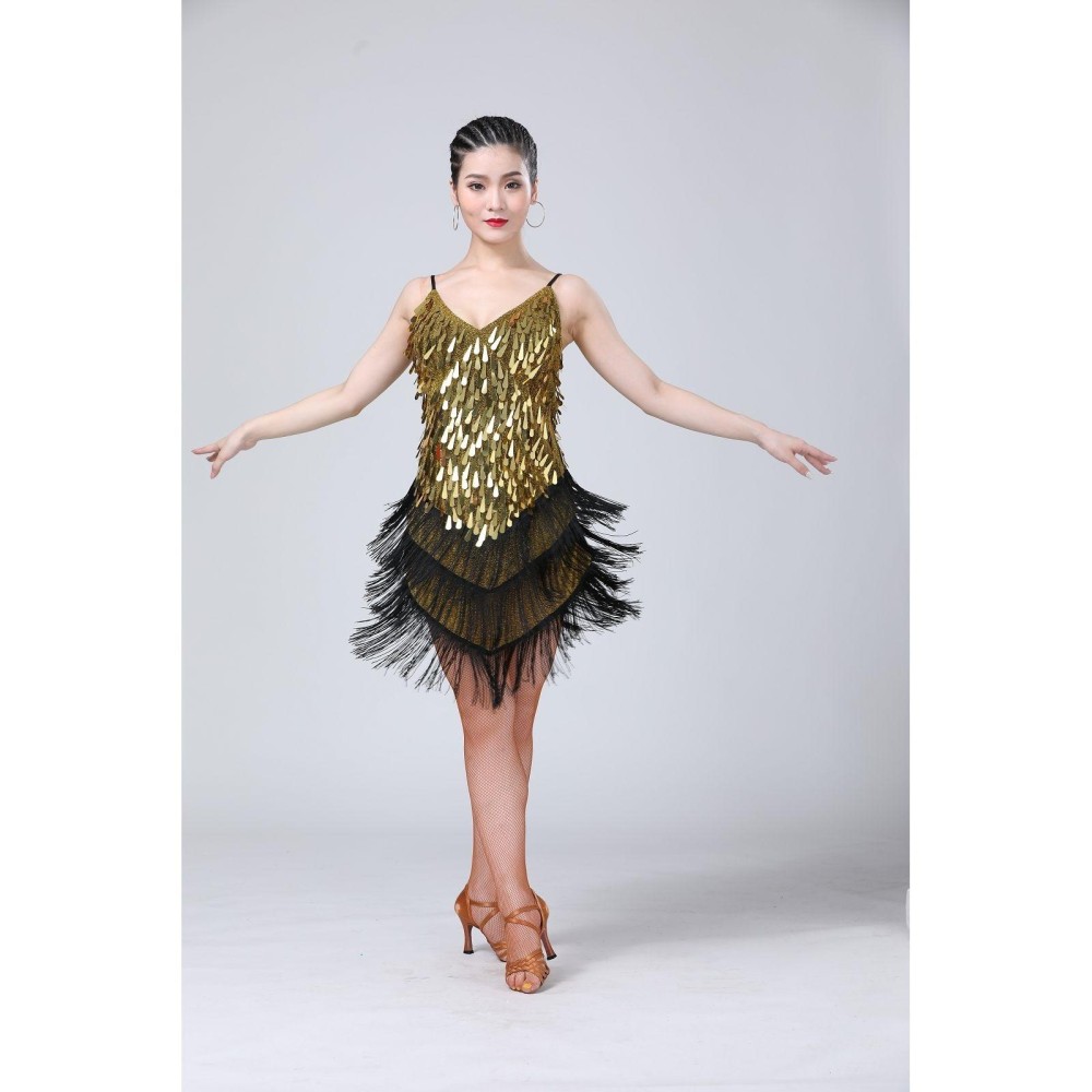 Waterdrop Fringed Sequins Suspenders Latin Dance Dress Competition Performance Suit (Color:Black Gold Size:Free Size)