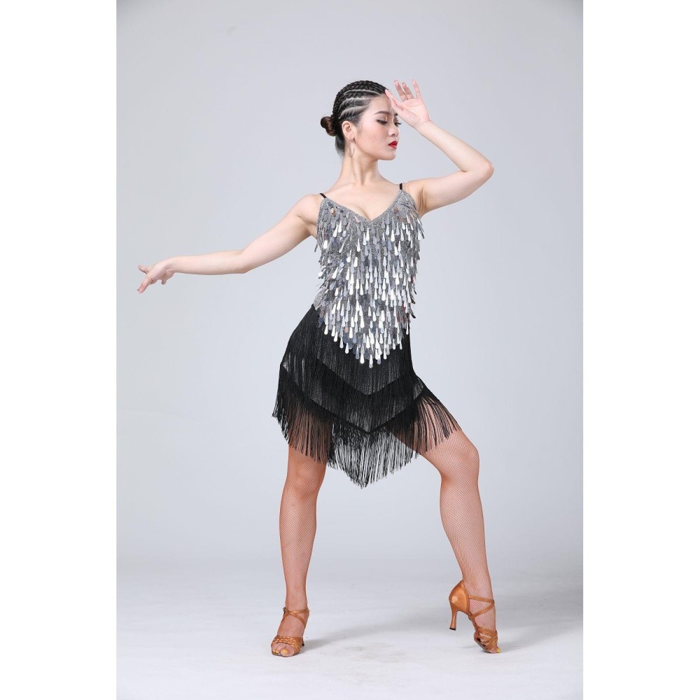 Waterdrop Fringed Sequins Suspenders Latin Dance Dress Competition Performance Suit (Color:Black Gold Size:Free Size)