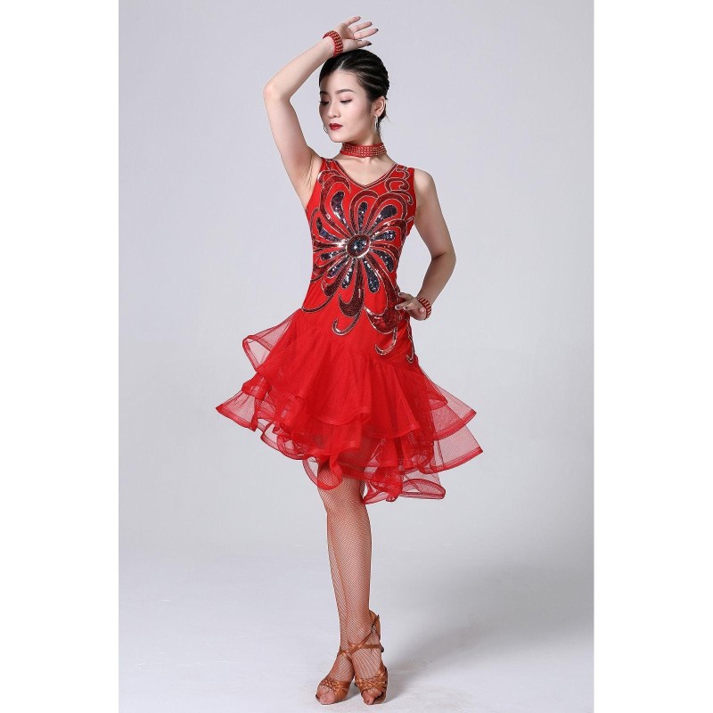 5 in 1 Sleeveless Latin Dance Dress + Collar + Separate Bottoms + Bracelets Set (Color:Red Size:L)