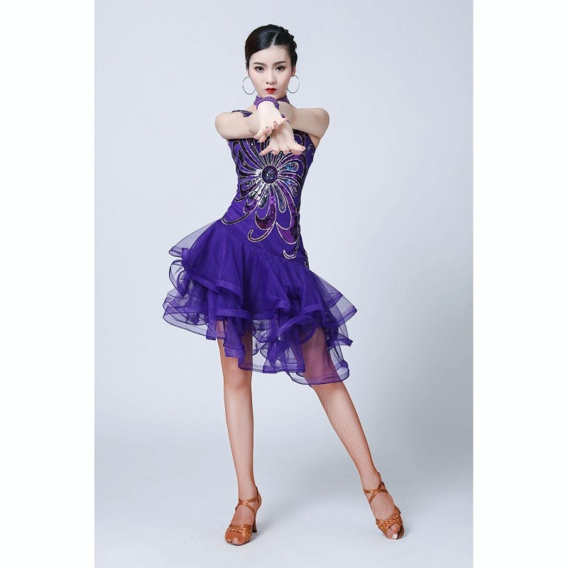 5 in 1 Sleeveless Latin Dance Dress + Collar + Separate Bottoms + Bracelets Set (Color:Purple Size:M)