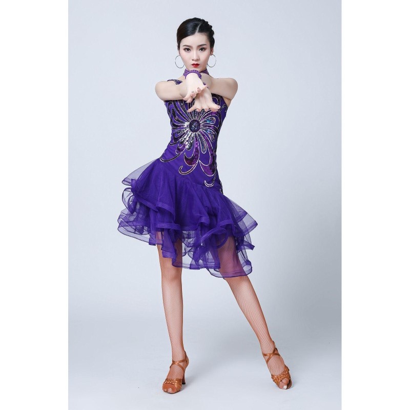 5 in 1 Sleeveless Latin Dance Dress + Collar + Separate Bottoms + Bracelets Set (Color:Purple Size:L)