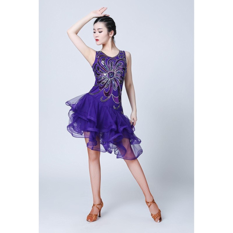 5 in 1 Sleeveless Latin Dance Dress + Collar + Separate Bottoms + Bracelets Set (Color:Purple Size:XL)