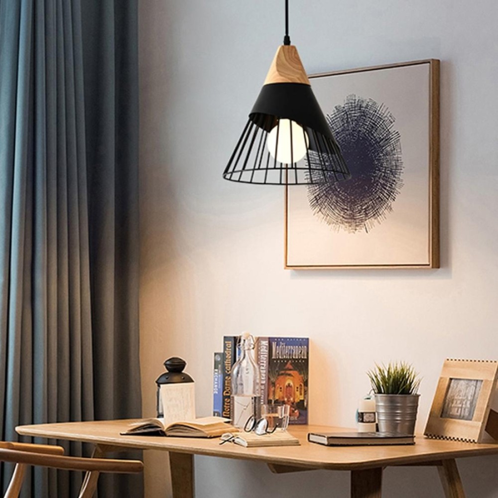 E27 Modern Lighting Iron Solid Wood Pendant Light Hanging Lamp (Black)