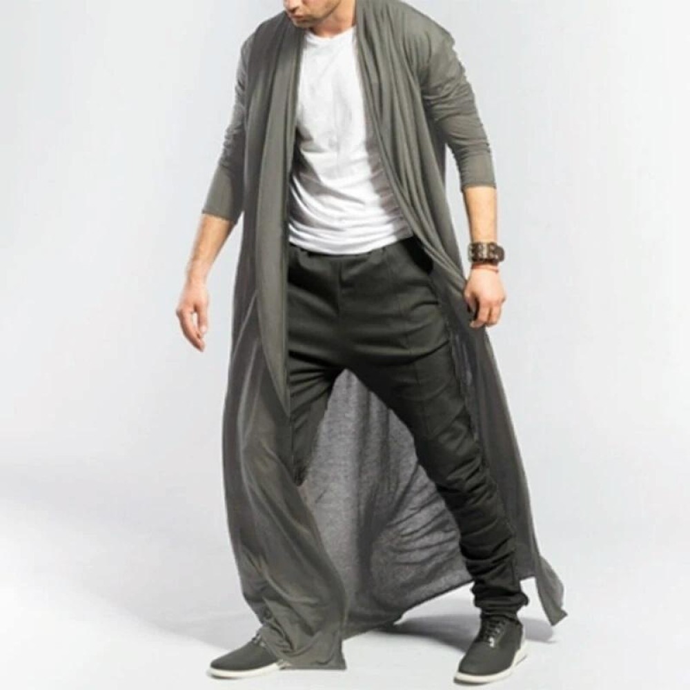 Mens Casual Loose Long Cardigans Coat (Color:Grey Size:XXL)