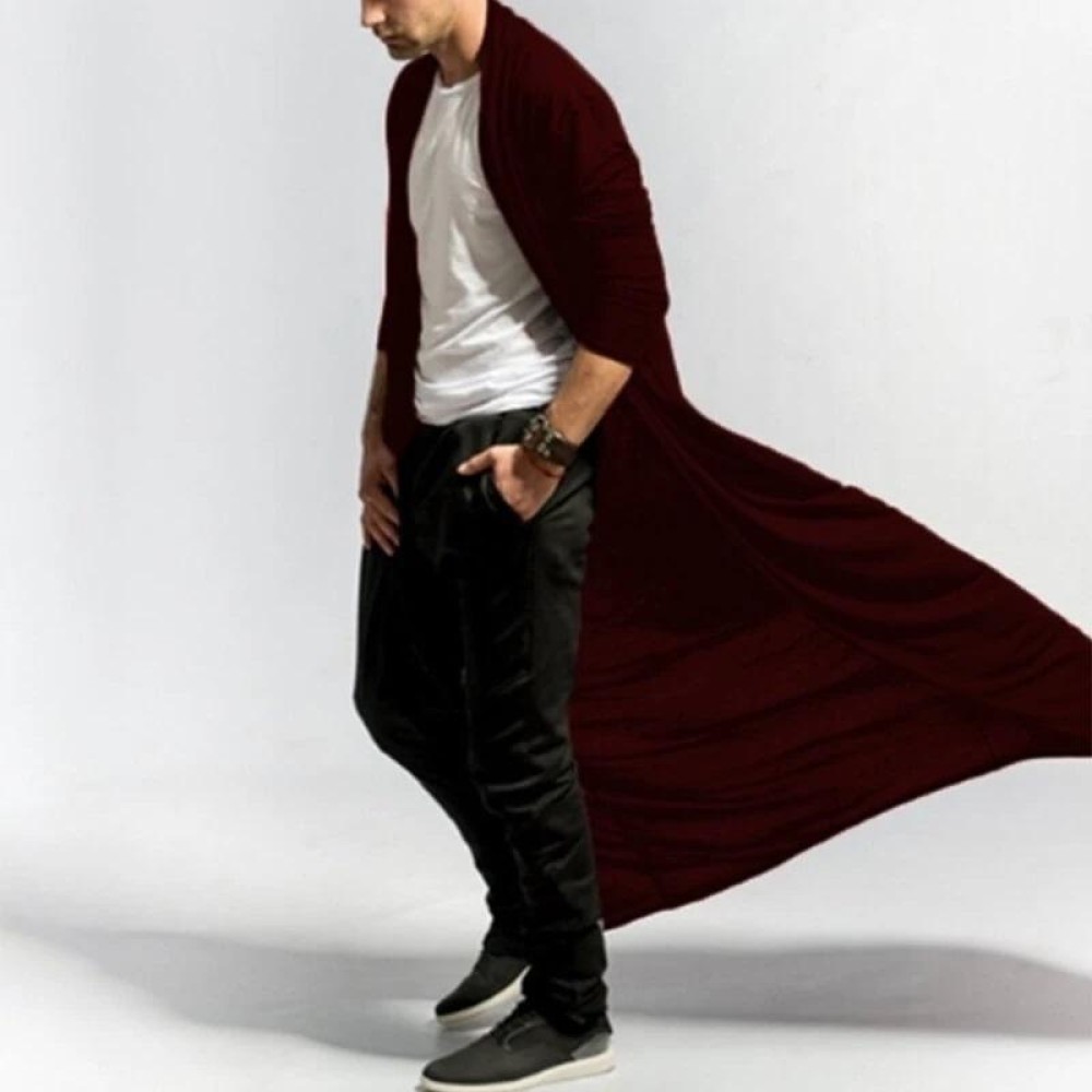 Mens Casual Loose Long Cardigans Coat (Color:Red Size:S)
