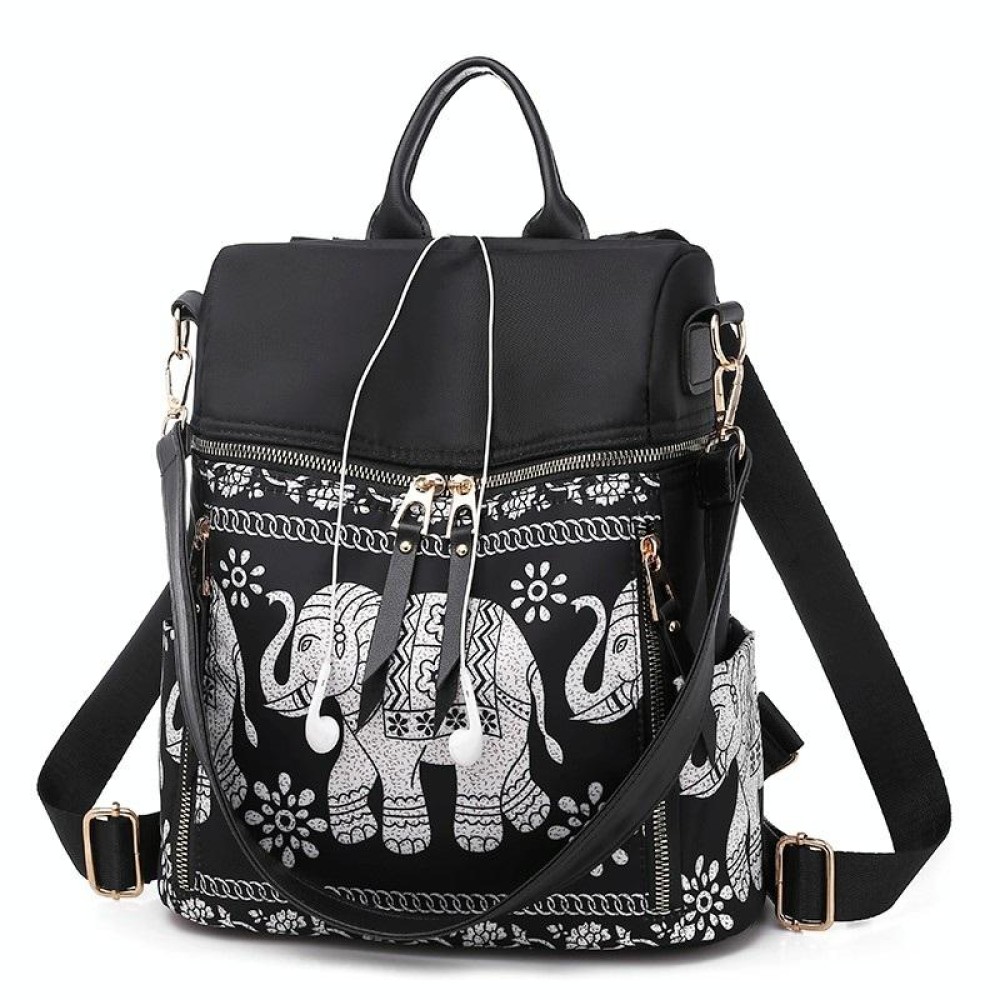 Fashion Elephant Pattern Oxford Cloth Shoulder Bag Ladies Handbag Multi-function Messenger Bag (Black)