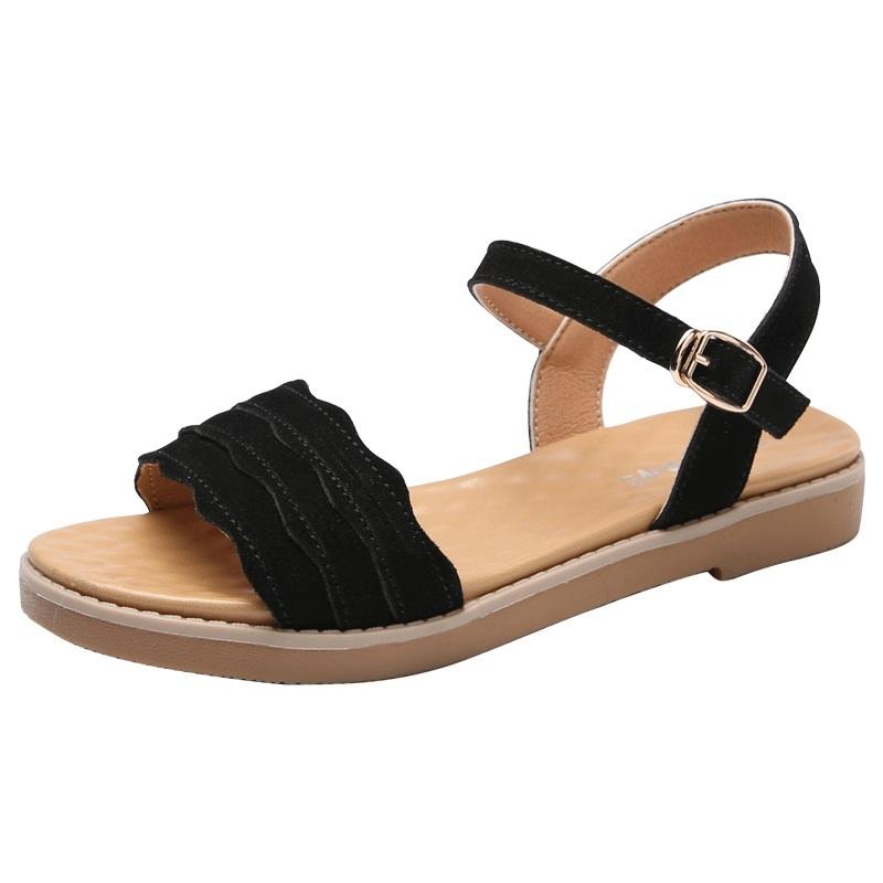 Suede Flat Bottom Non-slip Wearable Lightweight Sandals for Women (Color:Black Size:35)