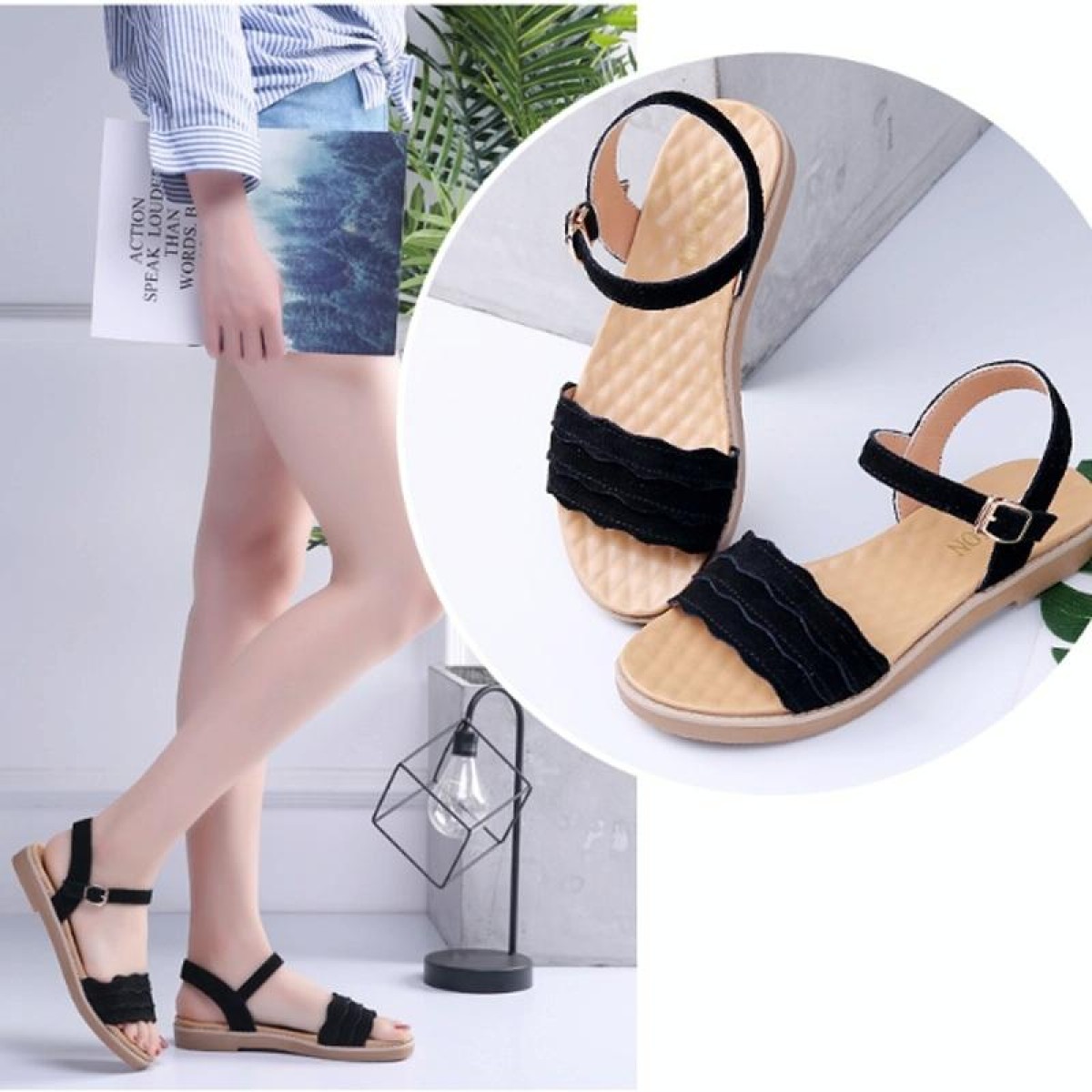 Suede Flat Bottom Non-slip Wearable Lightweight Sandals for Women (Color:Black Size:39)