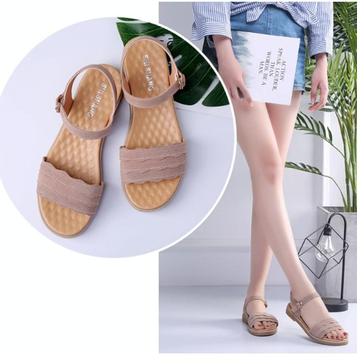 Suede Flat Bottom Non-slip Wearable Lightweight Sandals for Women (Color:Khaki Size:35)