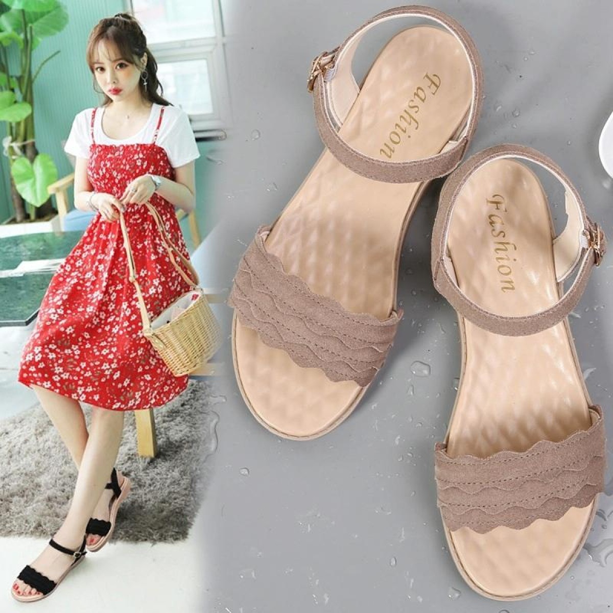 Suede Flat Bottom Non-slip Wearable Lightweight Sandals for Women (Color:Khaki Size:36)