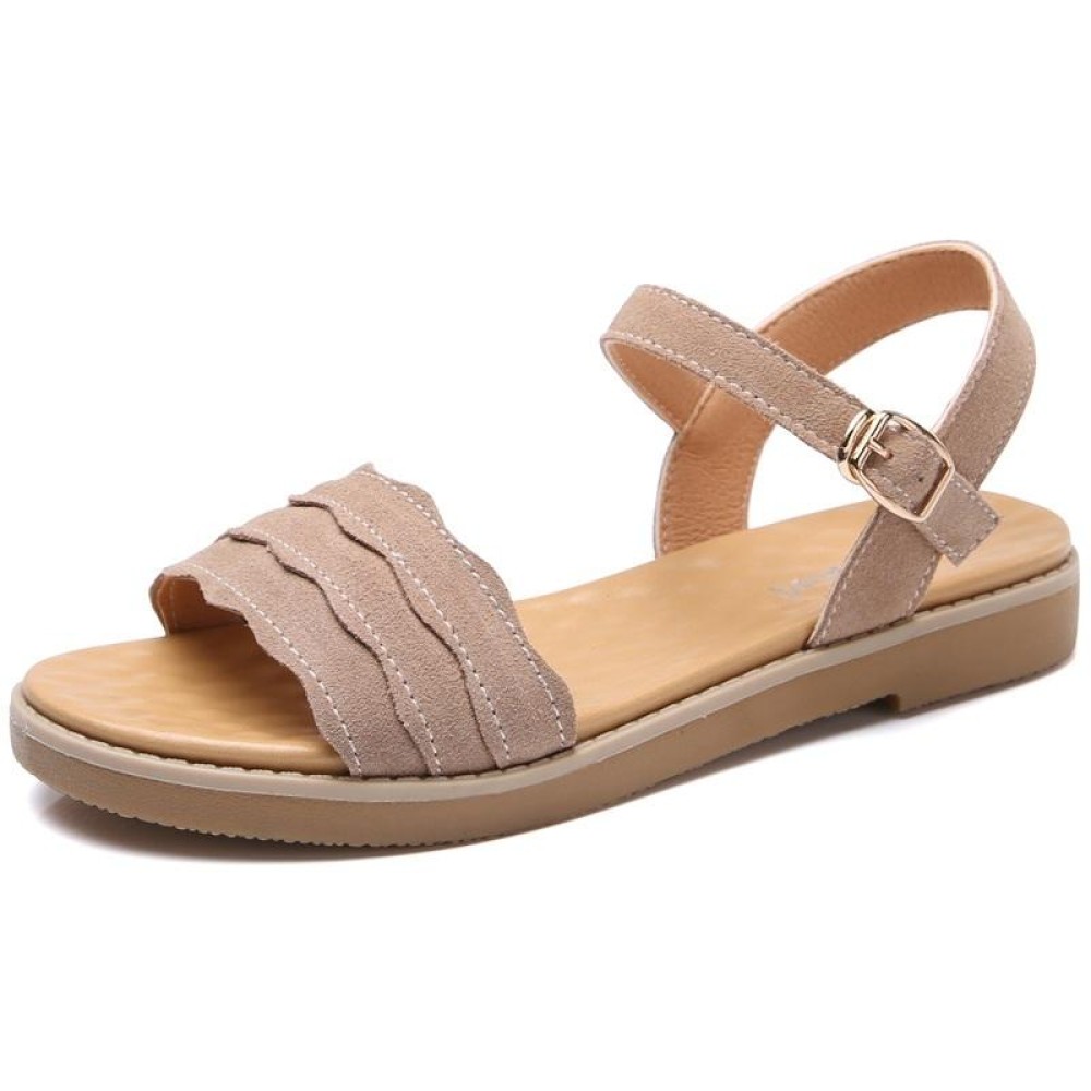Suede Flat Bottom Non-slip Wearable Lightweight Sandals for Women (Color:Khaki Size:37)