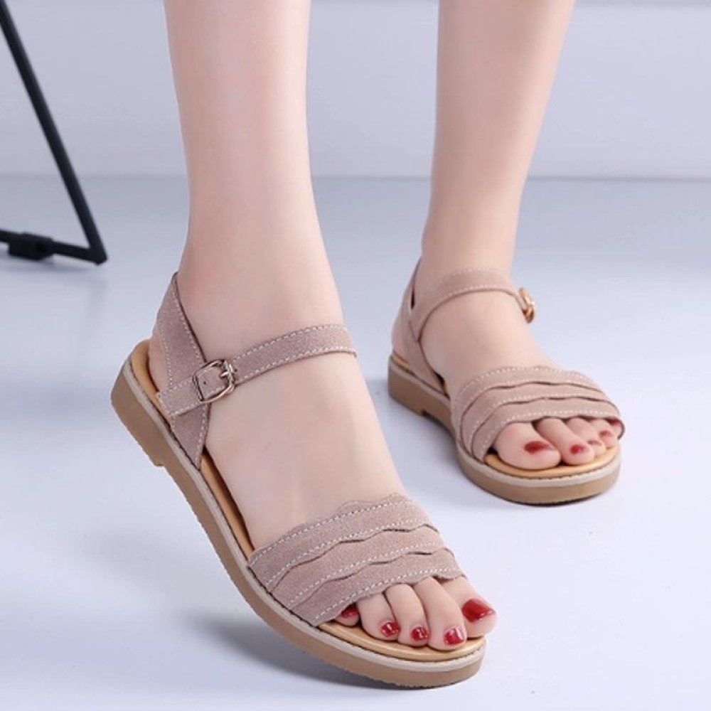 Suede Flat Bottom Non-slip Wearable Lightweight Sandals for Women (Color:Khaki Size:40)