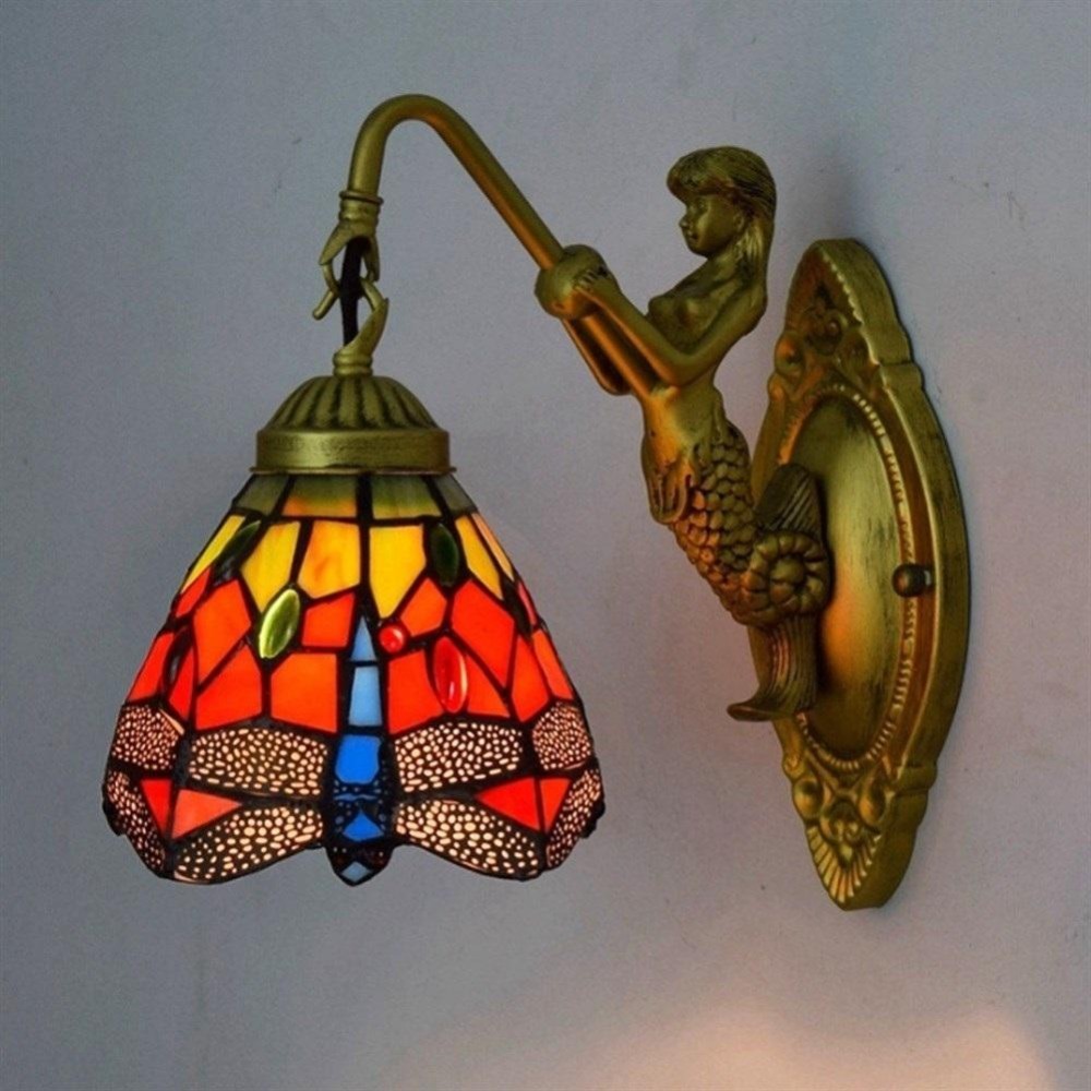 Retro Stained Glass Living Room Dining Room Bedroom Bar Club Aisle Wall Lamp (US Plug)