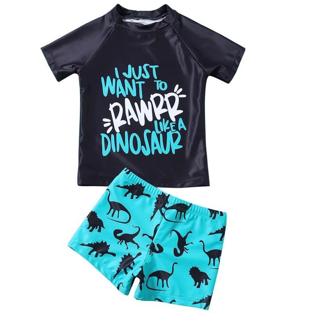 2 in 1 Letter Print Short Sleeve + Cartoon Dinosaur Shorts Baby Boys Split Swimsuit Set (Color:Blue Black Size:90)