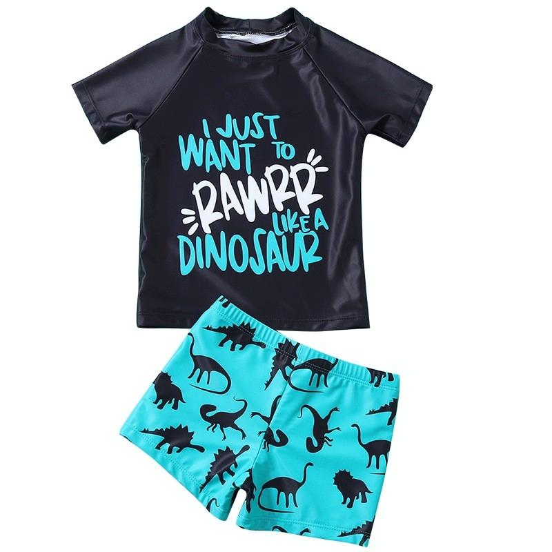 2 in 1 Letter Print Short Sleeve + Cartoon Dinosaur Shorts Baby Boys Split Swimsuit Set (Color:Blue Black Size:100)