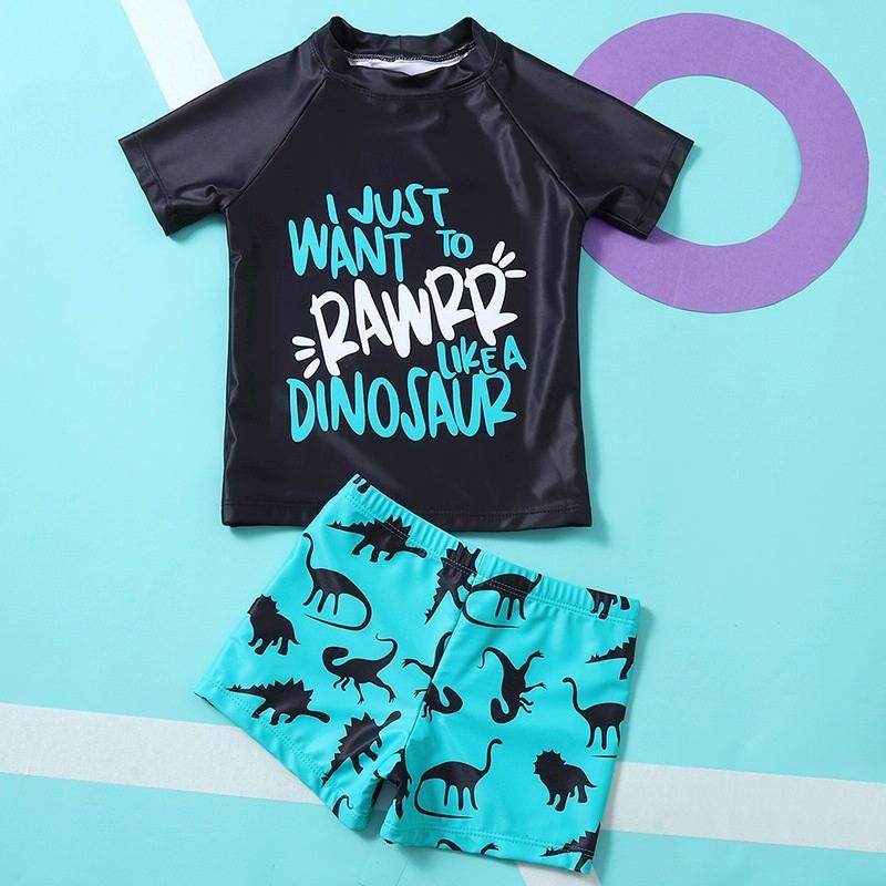 2 in 1 Letter Print Short Sleeve + Cartoon Dinosaur Shorts Baby Boys Split Swimsuit Set (Color:Blue Black Size:100)