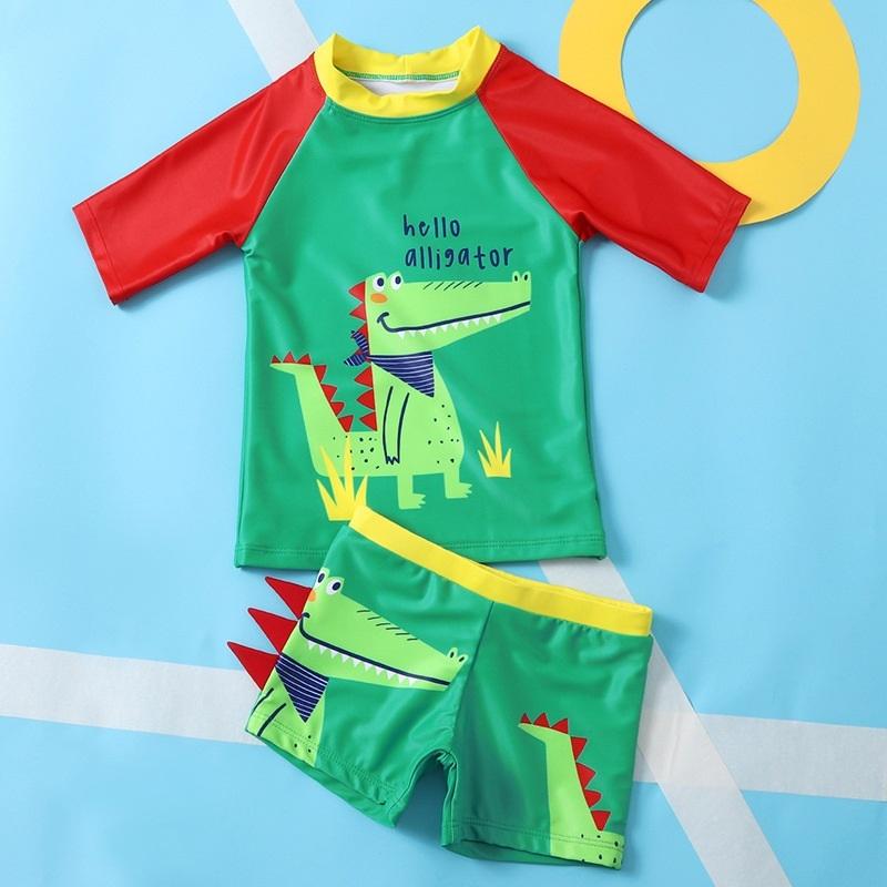 2 in 1 Cartoon Crocodile Pattern Short Sleeve Shorts Baby Boys Split Swimsuit Set (Color:Green Size:100)