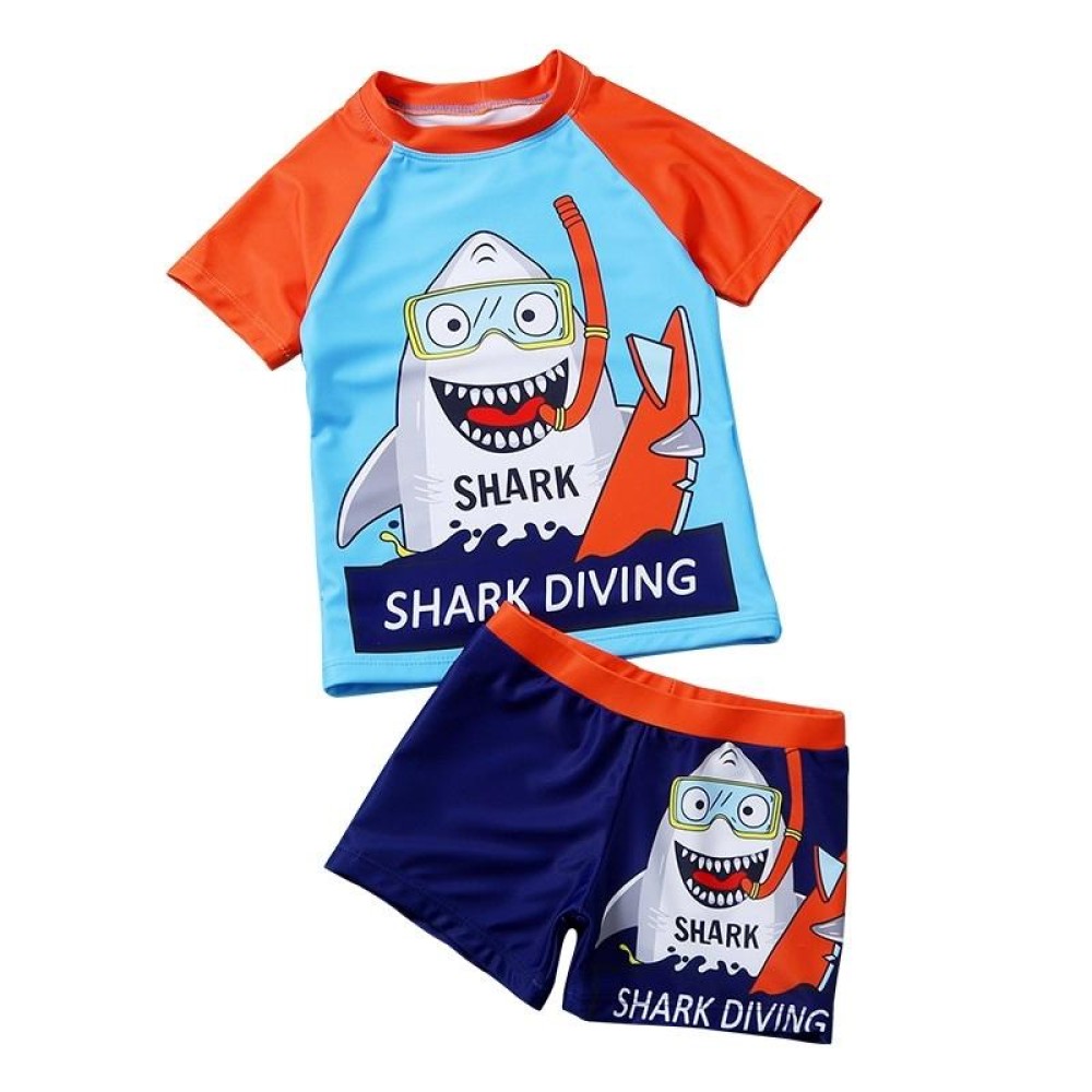 2 In 1 Cartoon Diving Shark Pattern Two-color Stitching Short-sleeved Shorts Baby Boys Split Swimsuit Suit (Color:Blue Size:100)