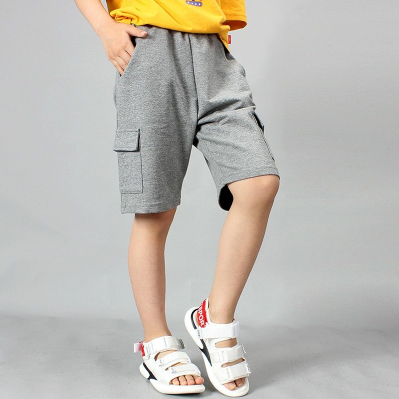Boys Cotton Casual Overalls Shorts (Color:Grey Size:150cm)