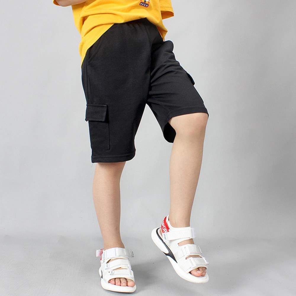 Boys Cotton Casual Overalls Shorts (Color:Black Size:160cm)