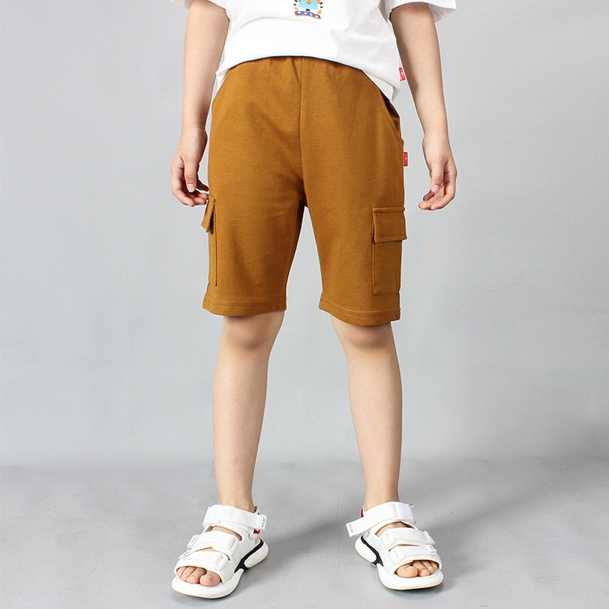 Boys Cotton Casual Overalls Shorts (Color:Chocolate Size:140cm)