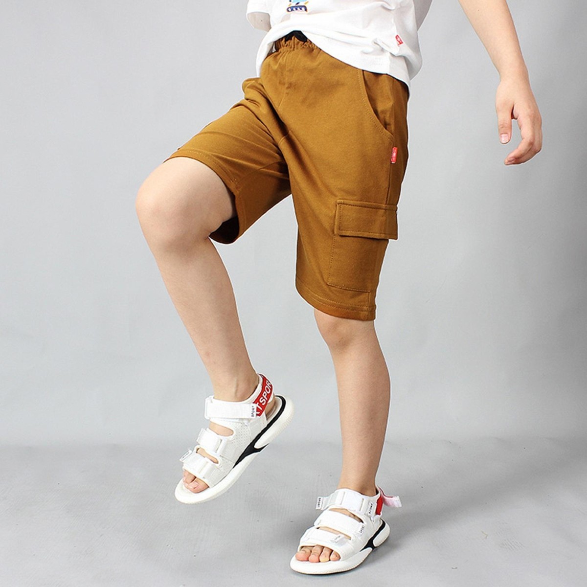 Boys Cotton Casual Overalls Shorts (Color:Chocolate Size:140cm)