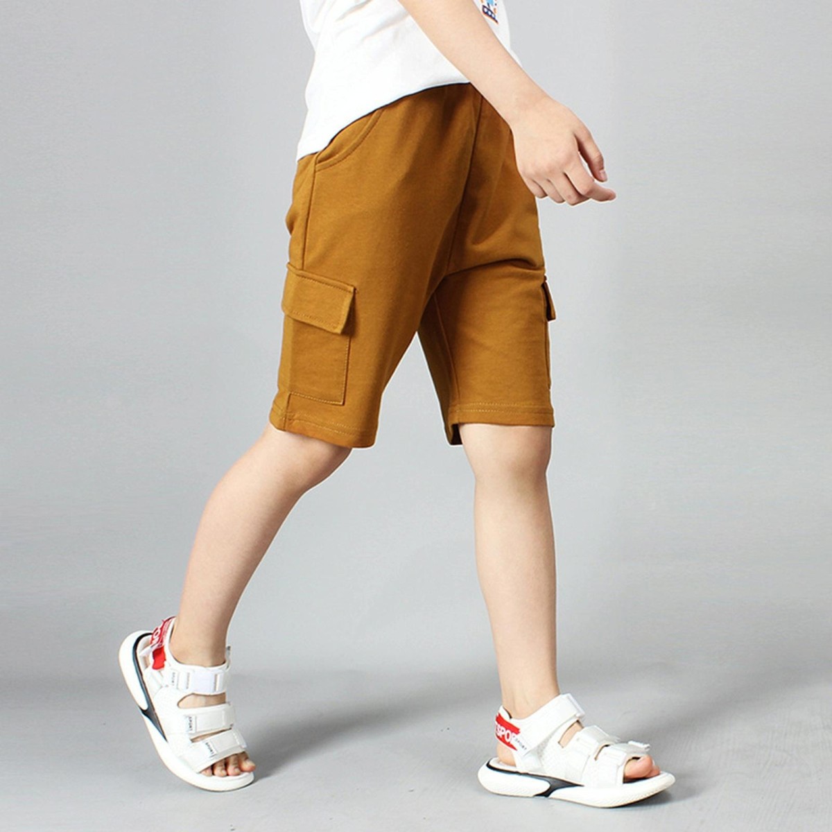 Boys Cotton Casual Overalls Shorts (Color:Chocolate Size:160cm)