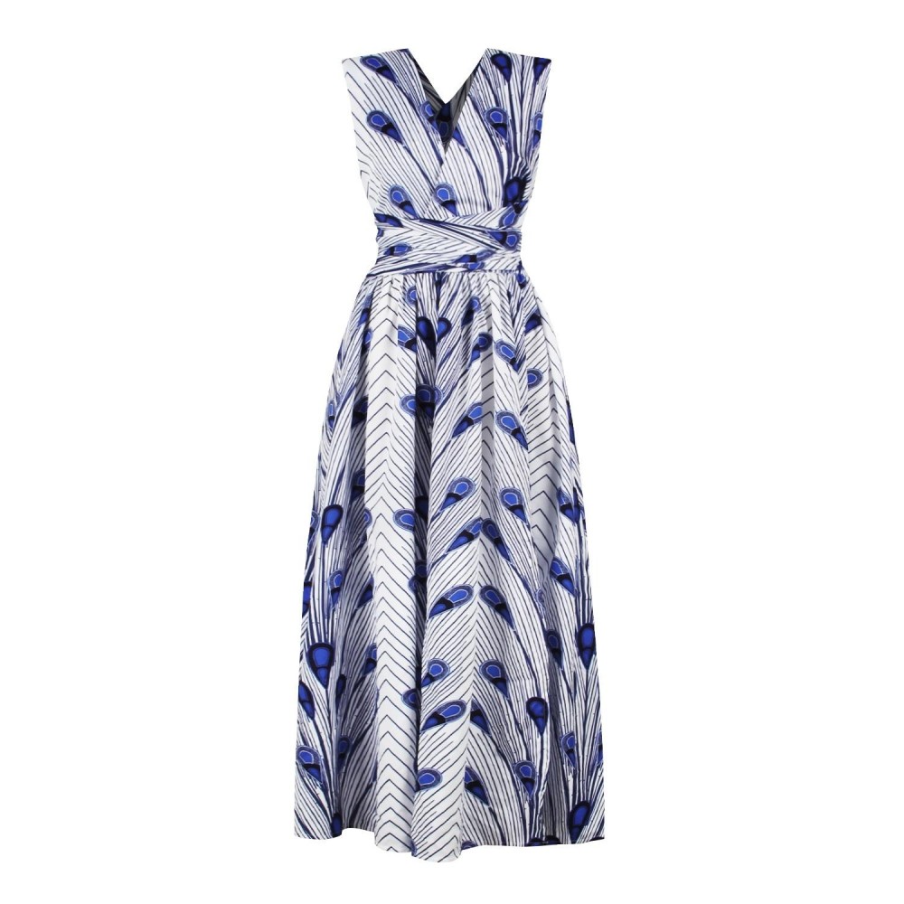 Ladies Feather Print Lace Slit Dress (Color:80212006 Size:XL)