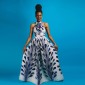 Ladies Feather Print Lace Slit Dress (Color:80212007 Size:M)