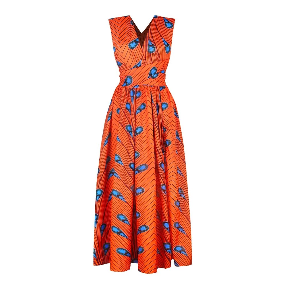 Ladies Feather Print Lace Slit Dress (Color:80212005 Size:XL)