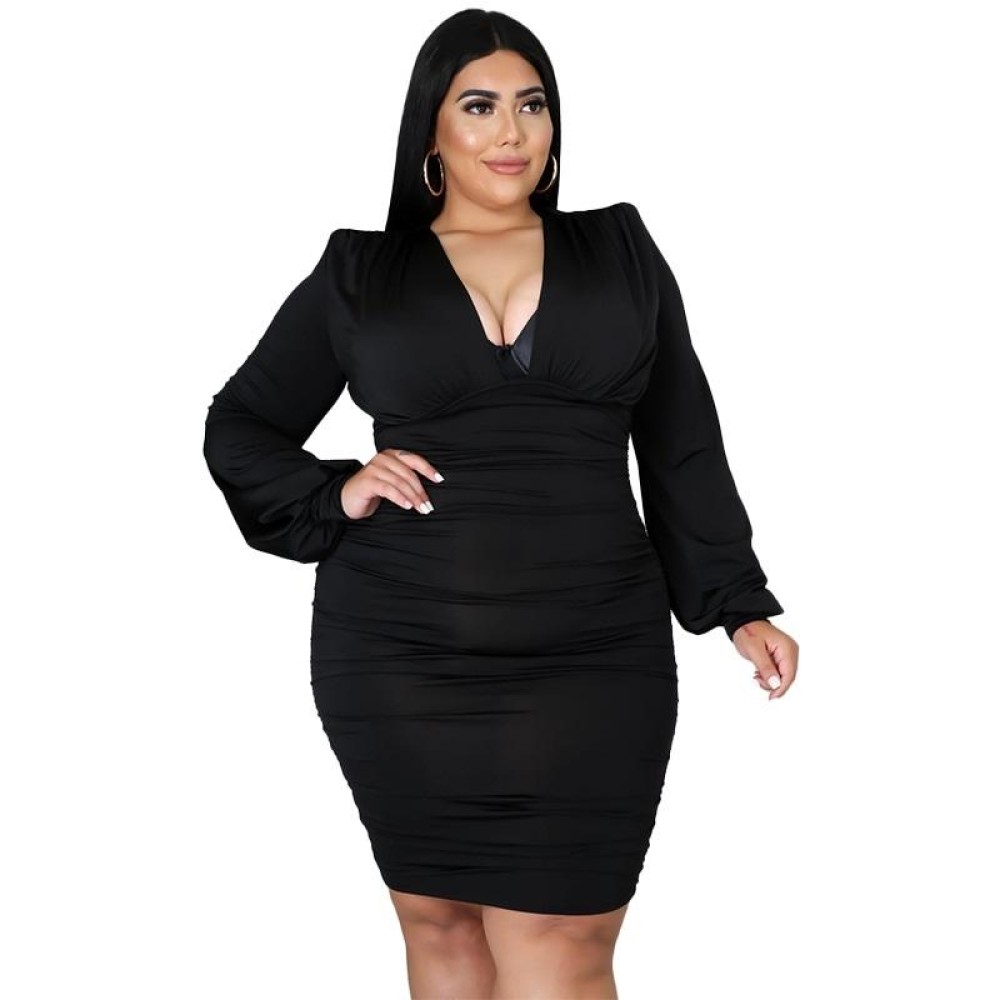 Solid Color Buttocks Sexy Plus Size Dress (Color:Black Size:L)
