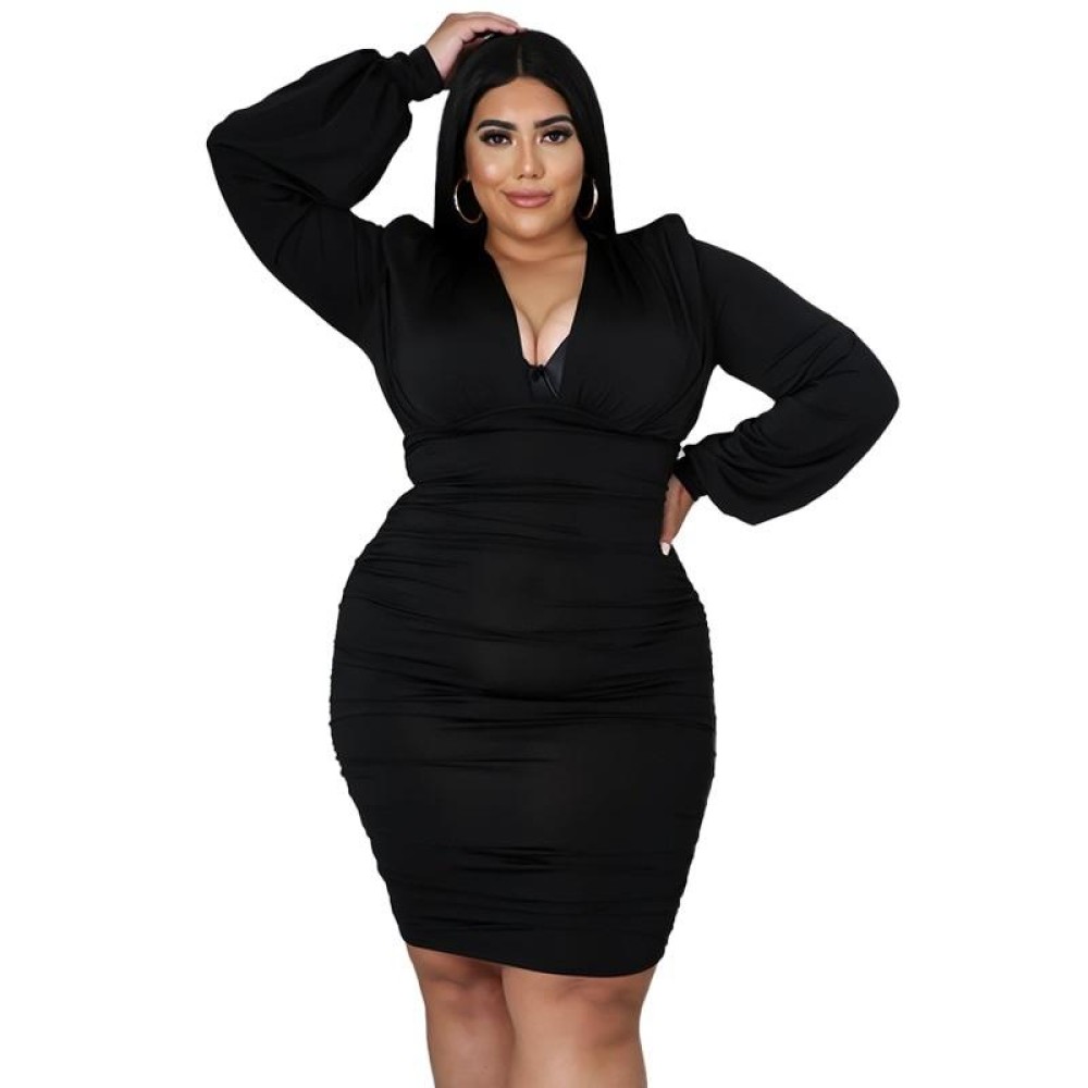 Solid Color Buttocks Sexy Plus Size Dress (Color:Black Size:L)