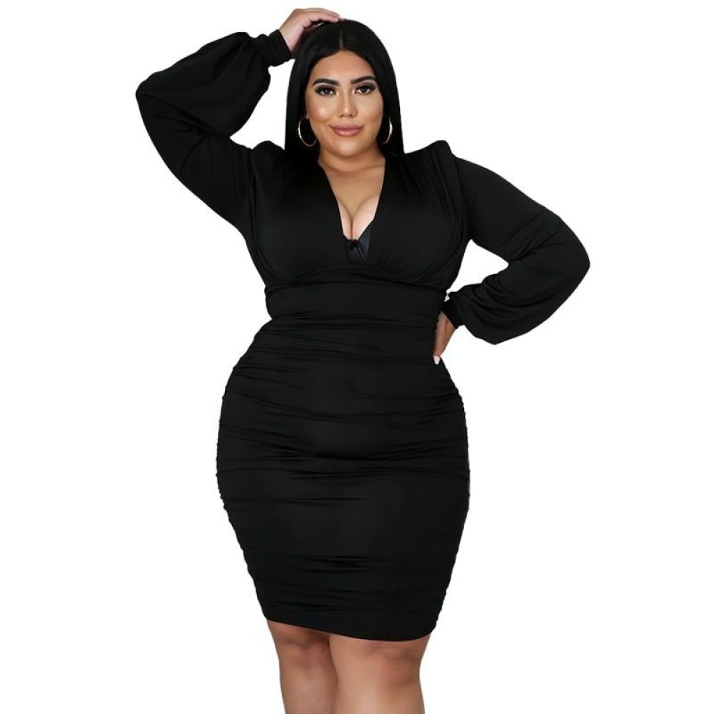 Solid Color Buttocks Sexy Plus Size Dress (Color:Black Size:XXXL)