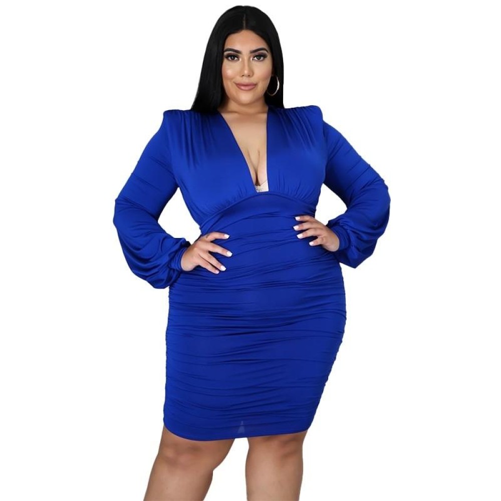 Solid Color Buttocks Sexy Plus Size Dress (Color:Blue Size:XL)