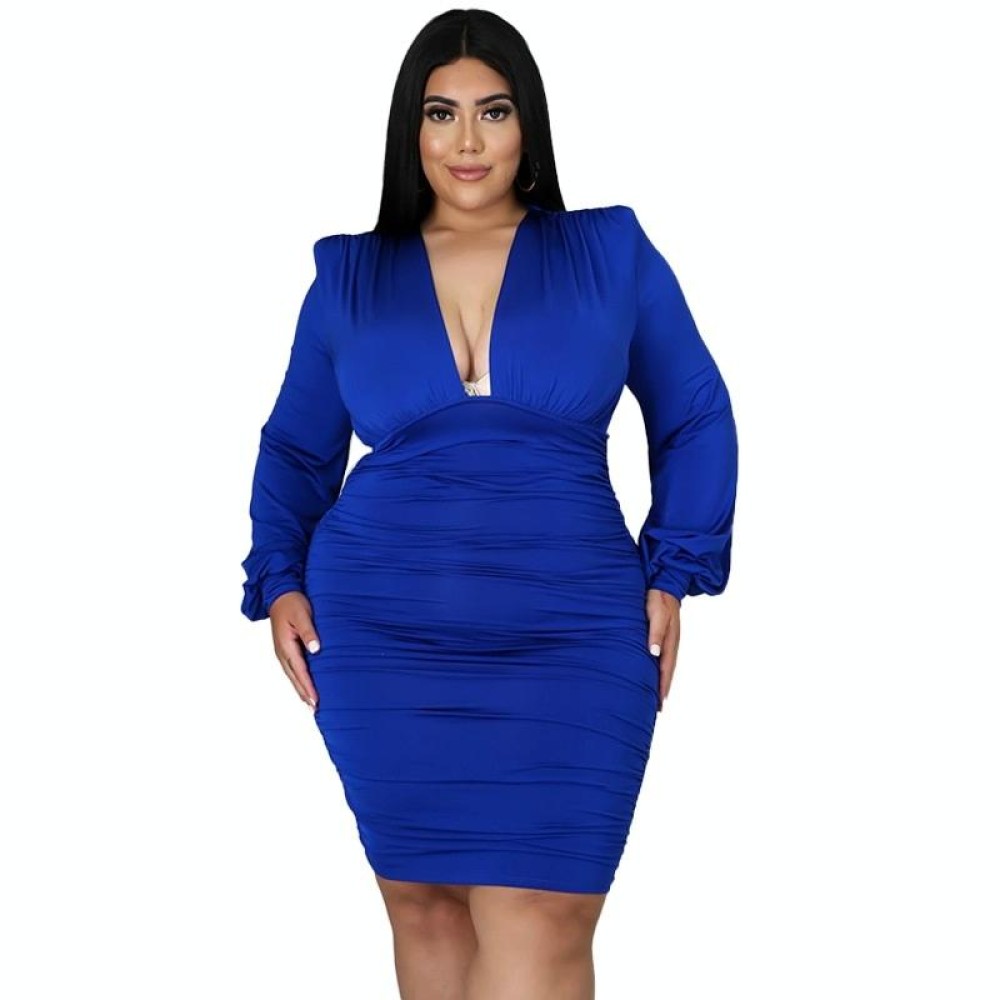 Solid Color Buttocks Sexy Plus Size Dress (Color:Blue Size:XXL)