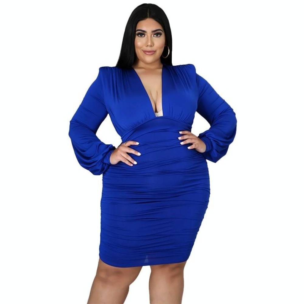 Solid Color Buttocks Sexy Plus Size Dress (Color:Blue Size:XXXL)