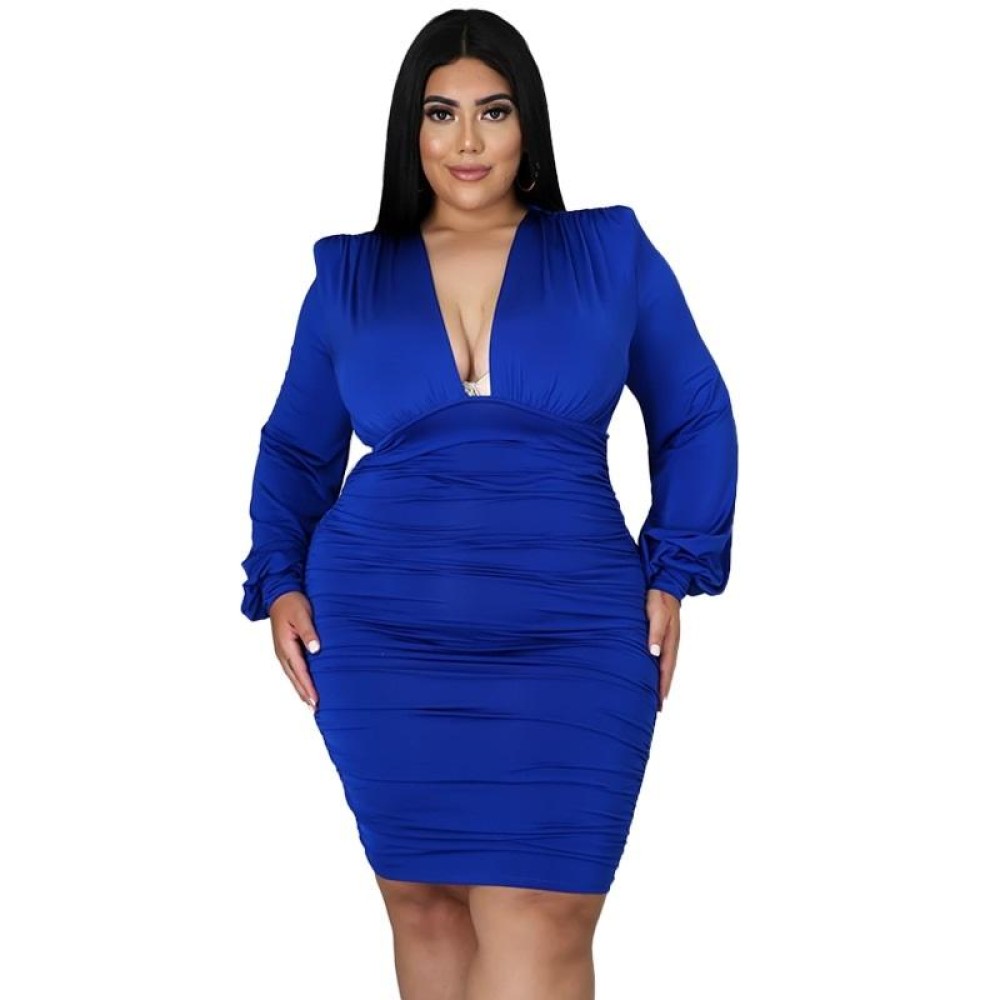 Solid Color Buttocks Sexy Plus Size Dress (Color:Blue Size:XXXXL)