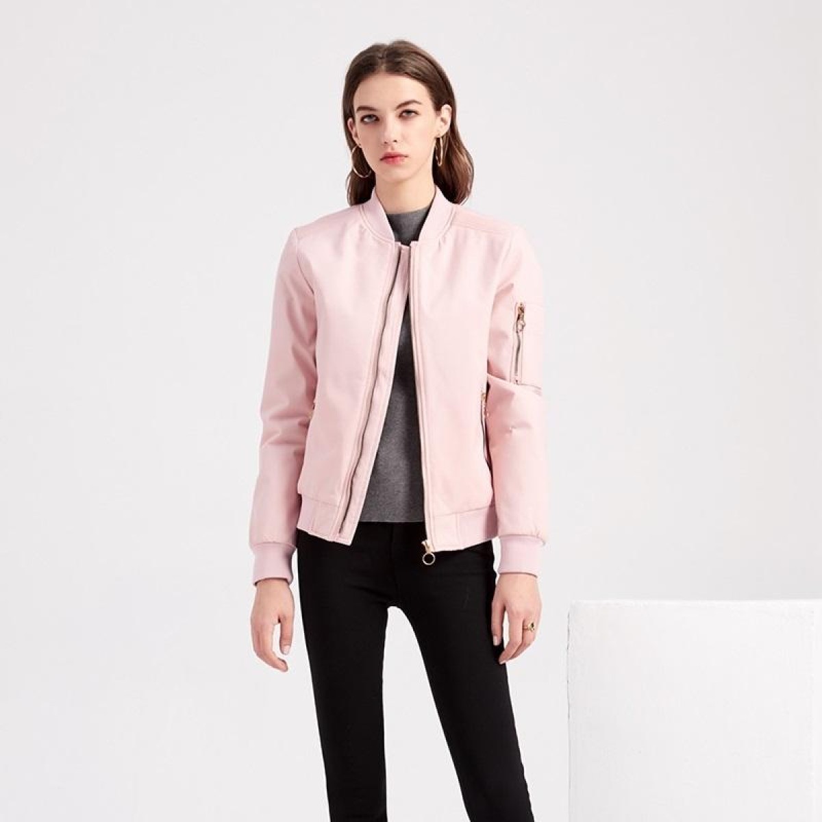 Autumn And Winter Thin Cotton Zipper Jacket Casual Coat For Women (Color:Pink Size:XL)