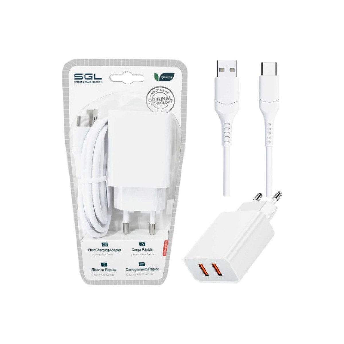 Αντάπτορας φόρτισης με καλώδιο και 2 θύρες USB - TypeC - Quick Charge - D1-S2 - 1m - 099576