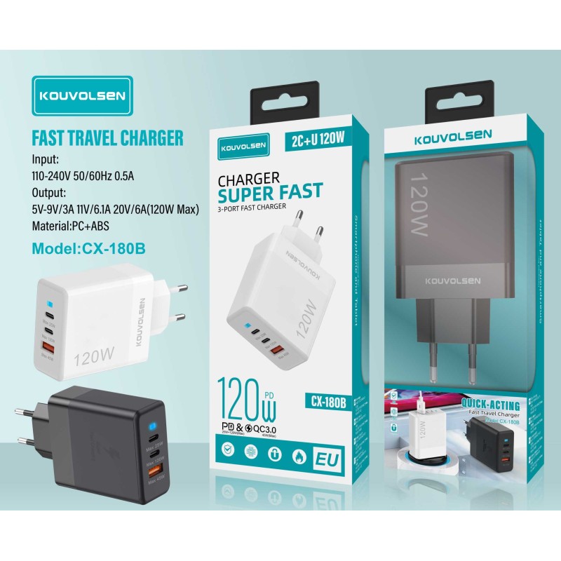 Αντάπτορας φόρτισης Fast Charge με 3 θύρες USB-A & Type-C - 120W - CX-180B - 271801 - White