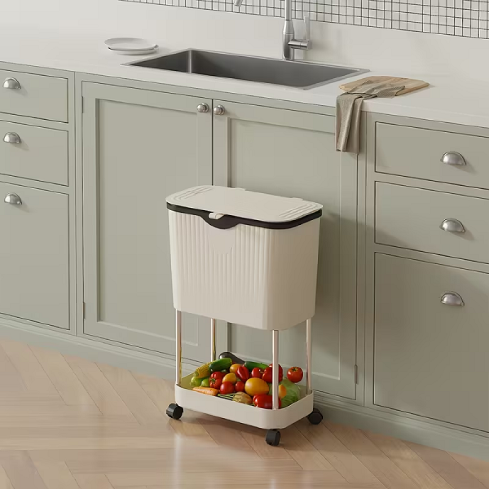 Τροχήλατη ραφιέρα κουζίνας διώροφη με κάδο - YH9811-2 - 282289