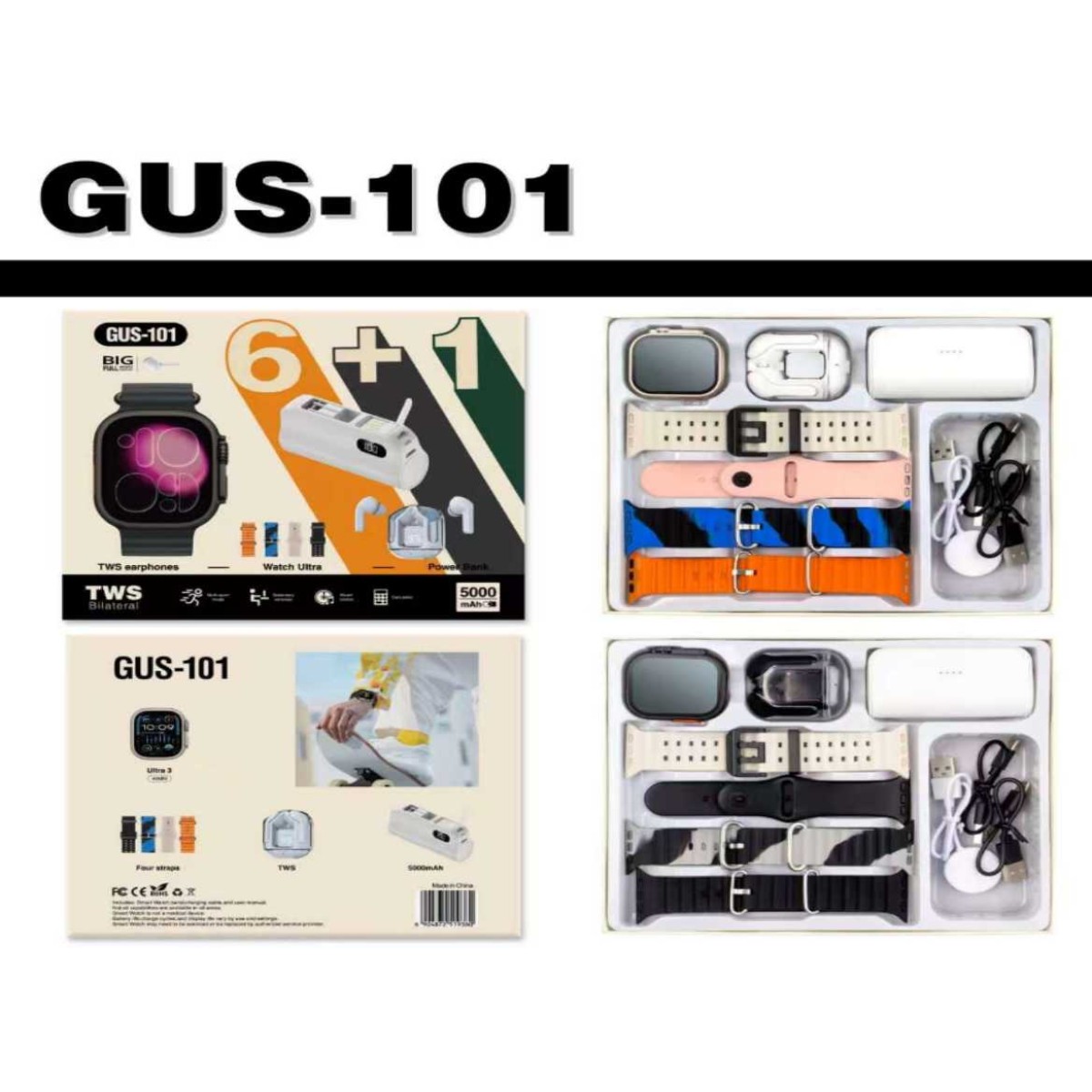 Σετ Smartwatch με Powerbank 5000mah & ασύρματα ακουστικά - GUS-101 - 519360 - Black