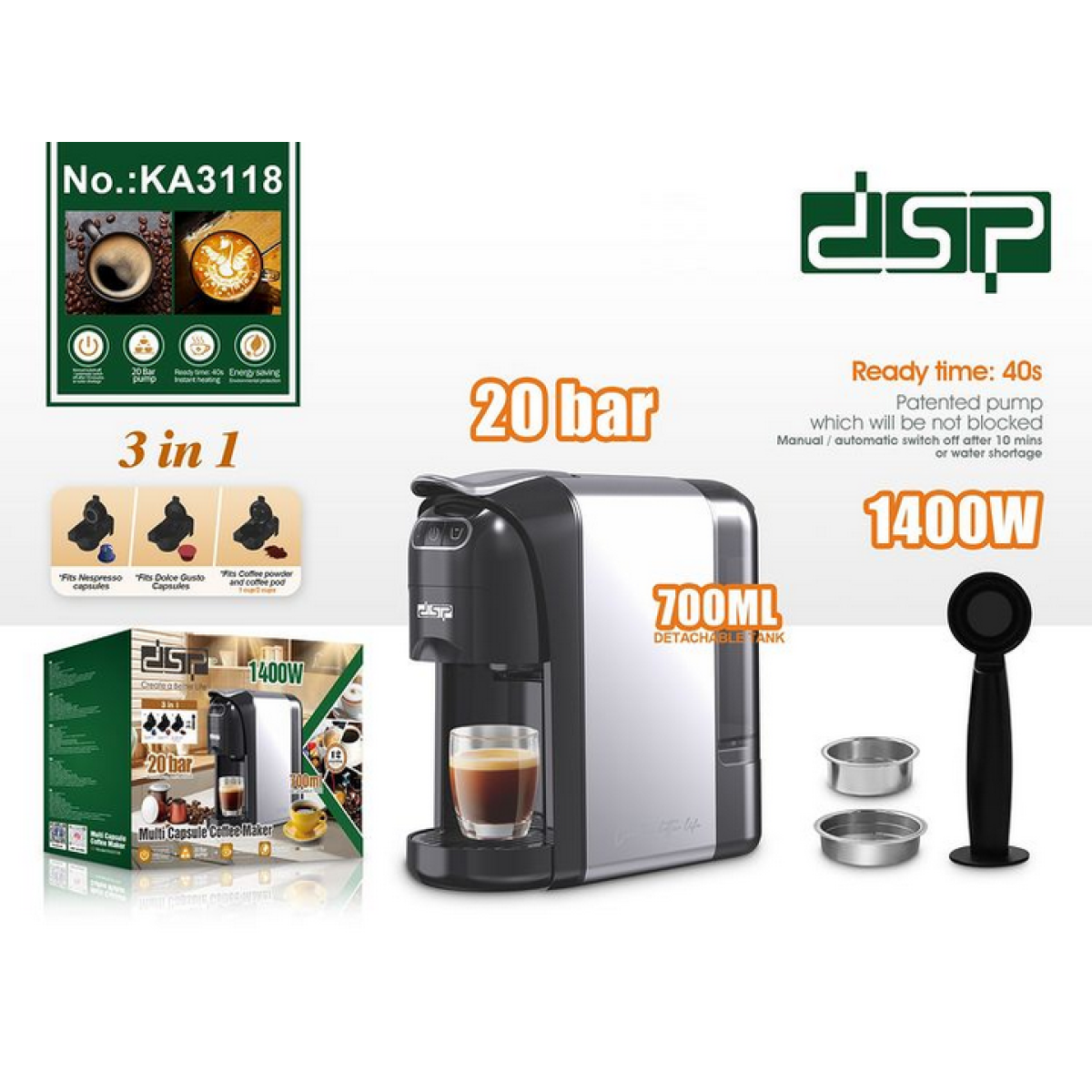 Μηχανή Espresso για κάψουλες & αλεσμένο καφέ - KA3118 - DSP - 616638