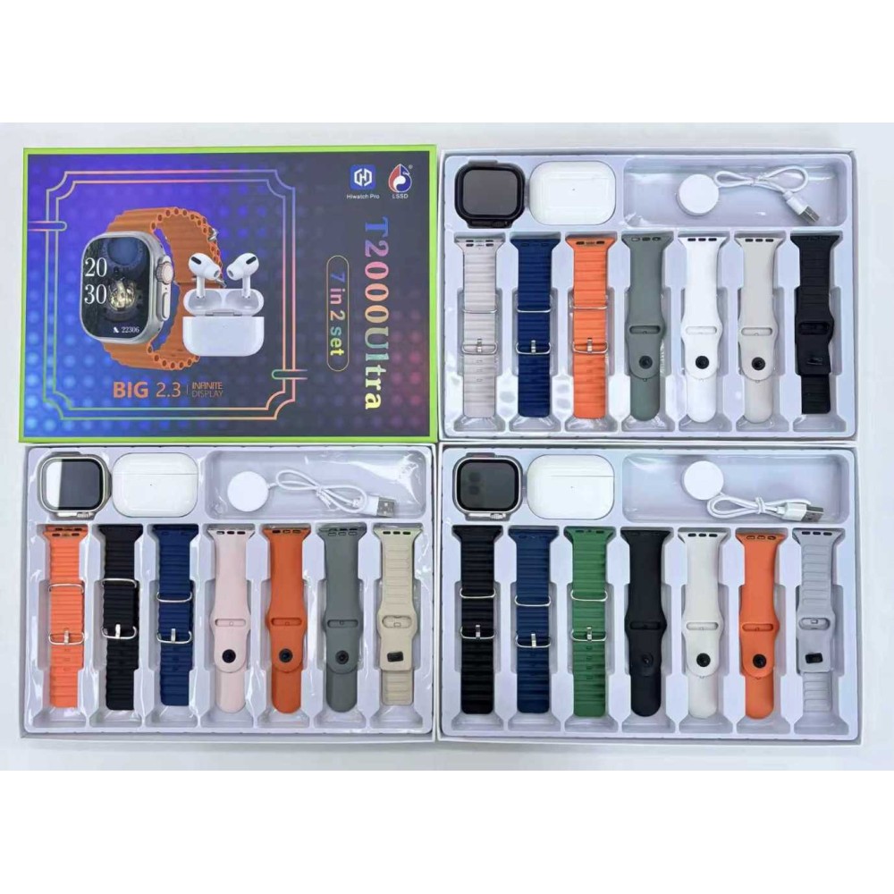 Σετ Smartwatch με ασύρματα ακουστικά Bluetooth & 7 λουράκια - T2000 UItra - 814130 - Gold