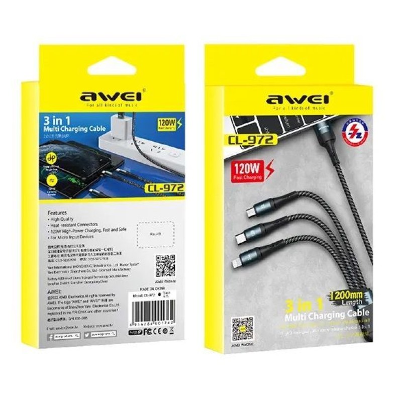 Καλώδιο φόρτισης & data 3in1 - Fast Charge - CL-972 - 1.2m - AWEI - 888155 - Black