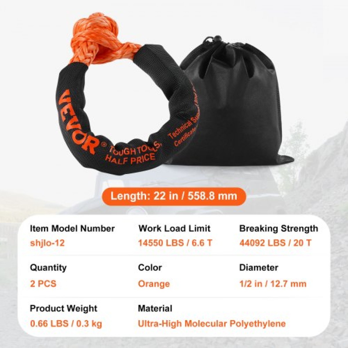VEVOR Soft Shackle Synthetic Recovery Rope 2PCS 1,3x56 cm 20 Ton Break Strength