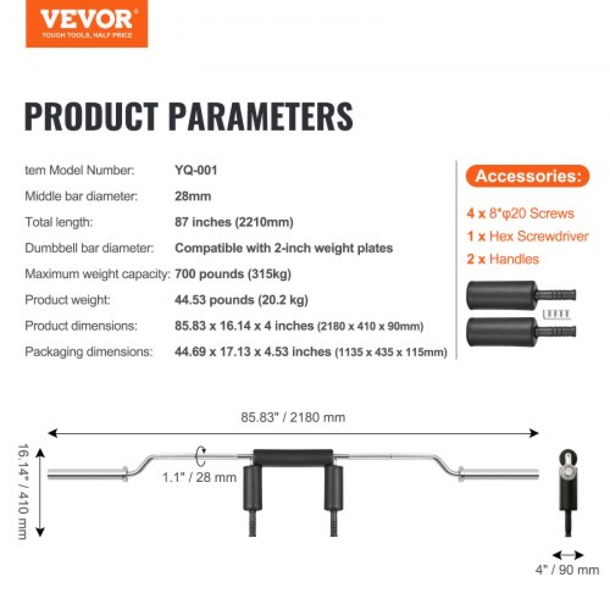 VEVOR Safety Squat Bar, 700 LBS Fitness Squat Bar, Safety Squat Bar Attachment with Shoulder and Arm Pads, 28mm Weight Bar, Ιδανικό για μπροστινά Squat, Lunges, Rehab, Φυσικοθεραπεία