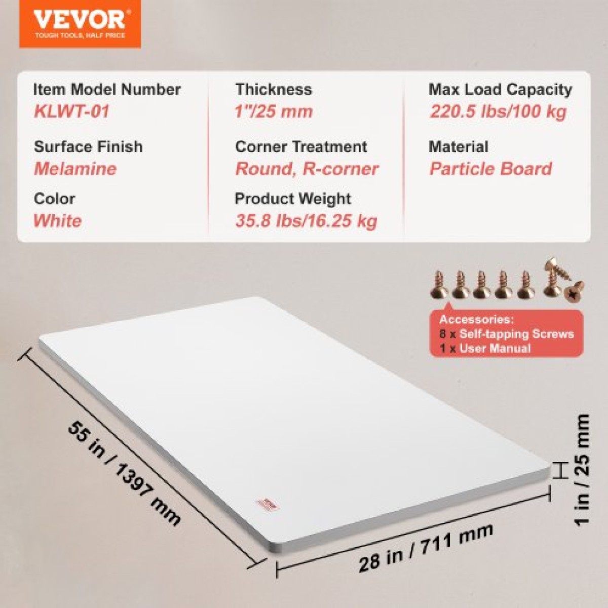 Επιτραπέζιο επιτραπέζιο VEVOR, 55" x 28" x 1", χωρητικότητα φόρτωσης 220,5 lbs, Universal One Piece Particle Board Desktop για ρυθμιζόμενο ύψος ηλεκτρικό πλαίσιο γραφείου, ορθογώνιος πάγκος για γραφείο σπιτιού και γραφείου